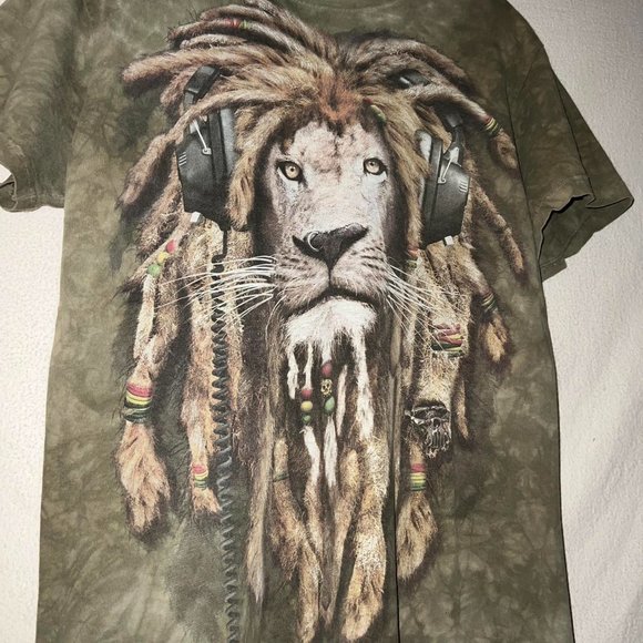 The Mountain Lion Rasta T-Shirt Headphones Tie-Dye Green Bob Marley Size Medium - Picture 3 of 7